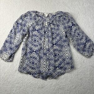 Sundance 100% Silk Blouse Women's Size Medium Dots Blue Button Up Sheer Abstract